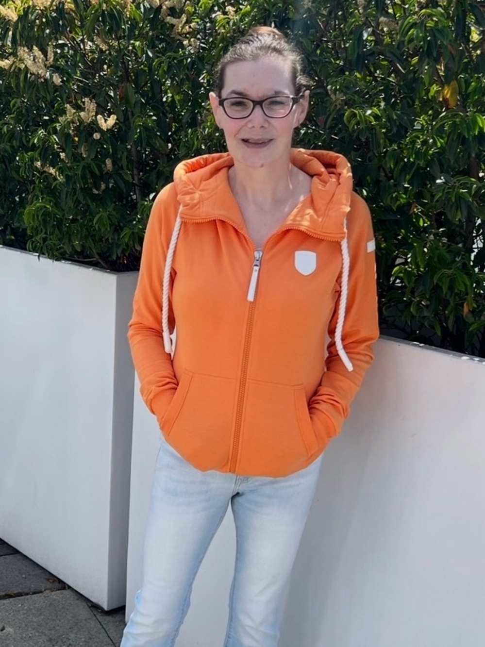 Wanakome Full-Zip Up Hoodie (NWOT) Coral Orange with White Accents, Size Medium